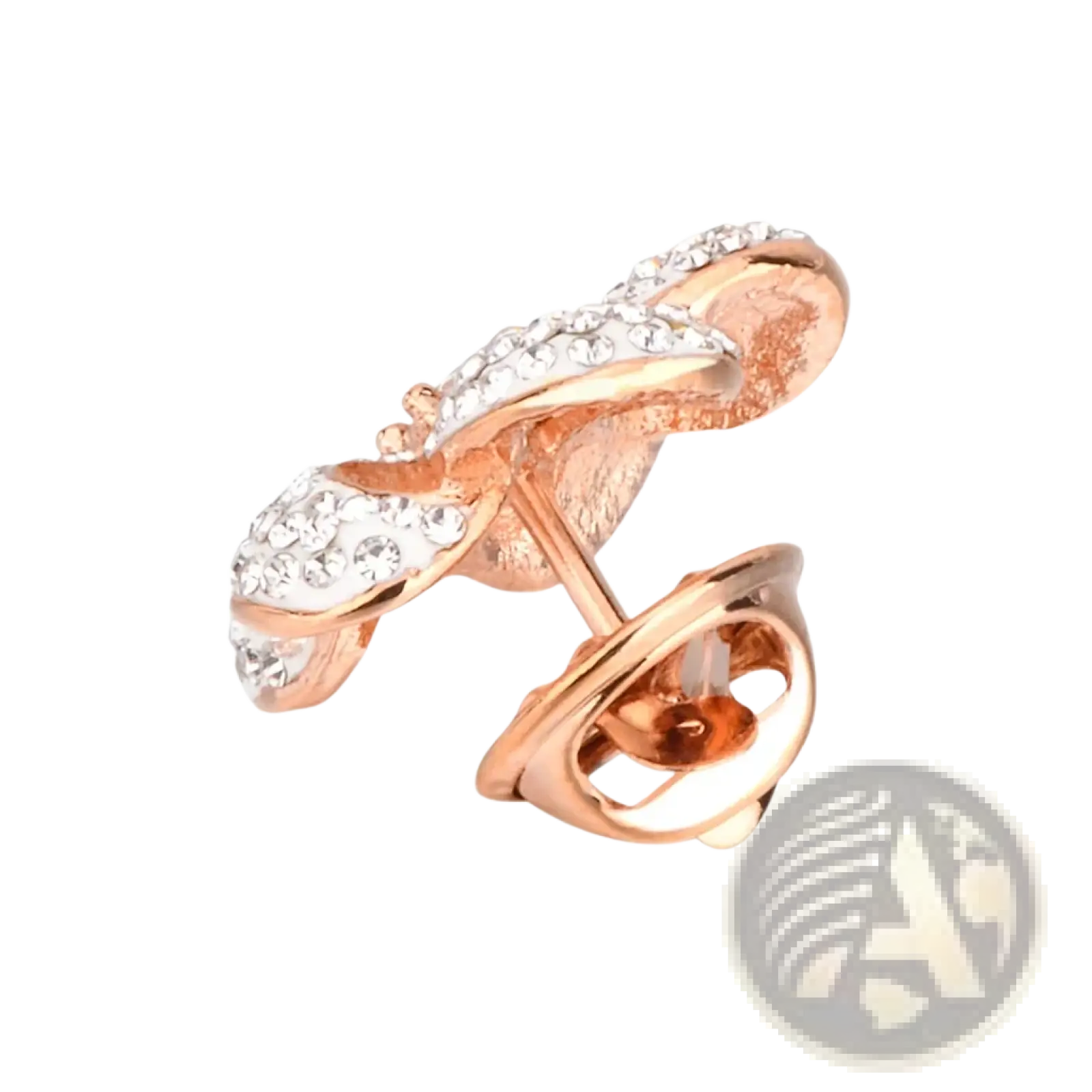 Rose gold crystal lapel pin suit brooch featuring a twisted bow design with clear crystals in rose gold tone