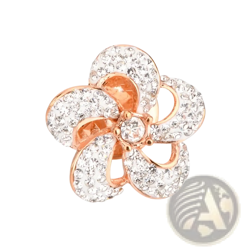 Rose gold crystal lapel pin suit brooch shaped like a flower and adorned with clear crystals