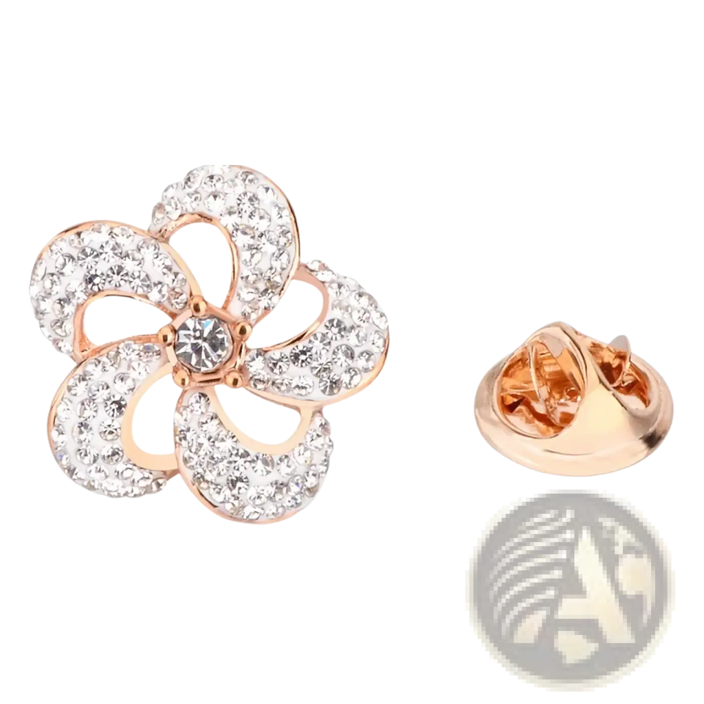 Rose gold crystal lapel pin suit brooch flower shaped adorned with clear crystals for formal wear