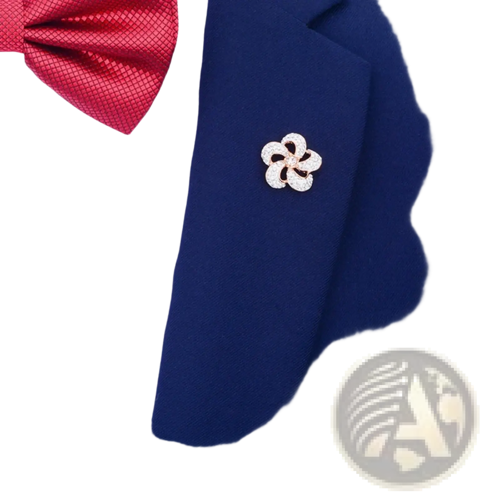 A sparkling rose gold crystal lapel pin flower brooch pinned to a navy blue suit lapel