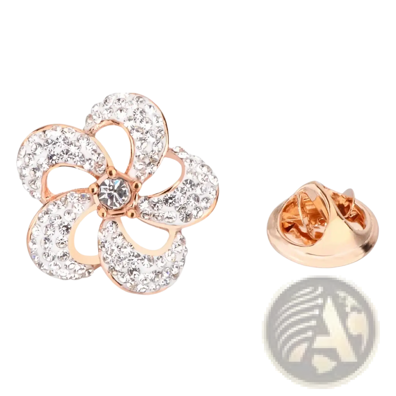 Rose gold flower-shaped lapel pin adorned with clear crystals ideal as a suit brooch accessory
