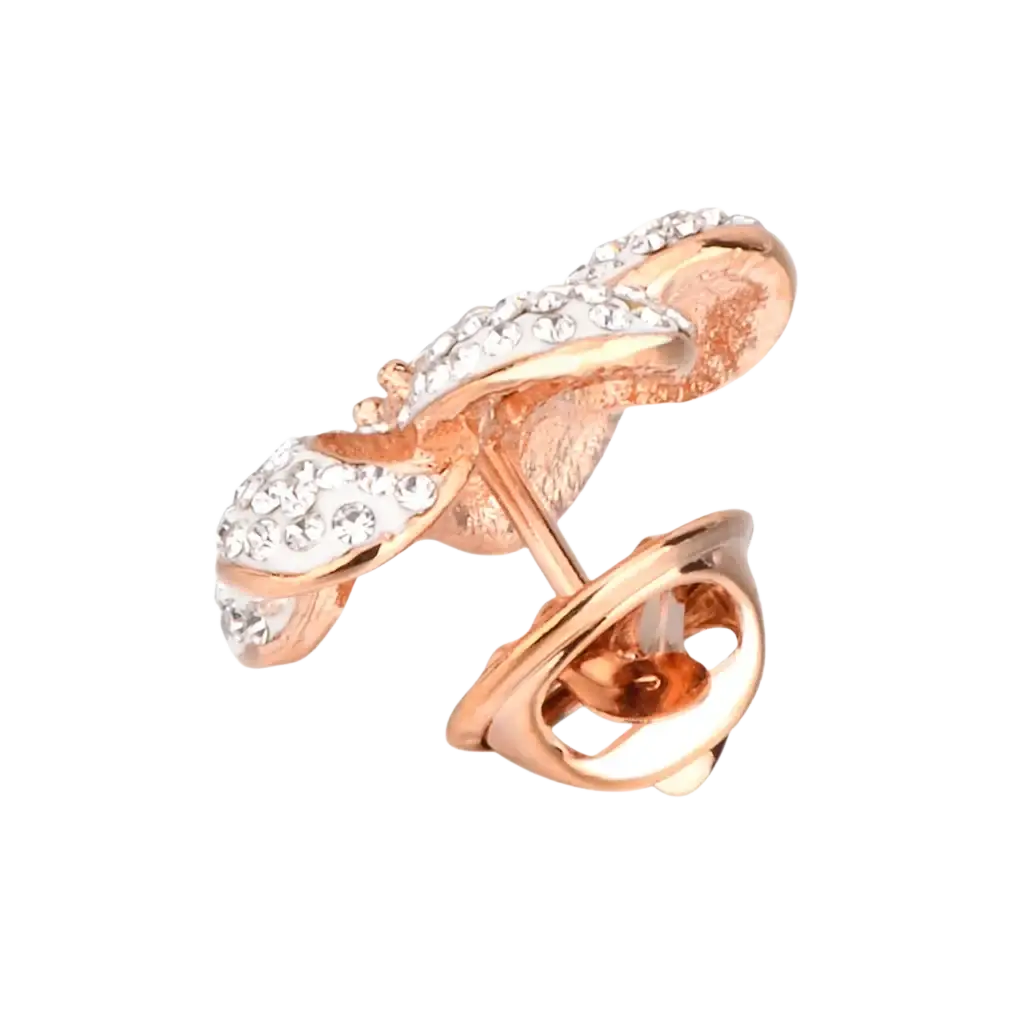 Rose gold crystal lapel pin suit brooch featuring a twisted bow design with clear crystals in rose gold tone