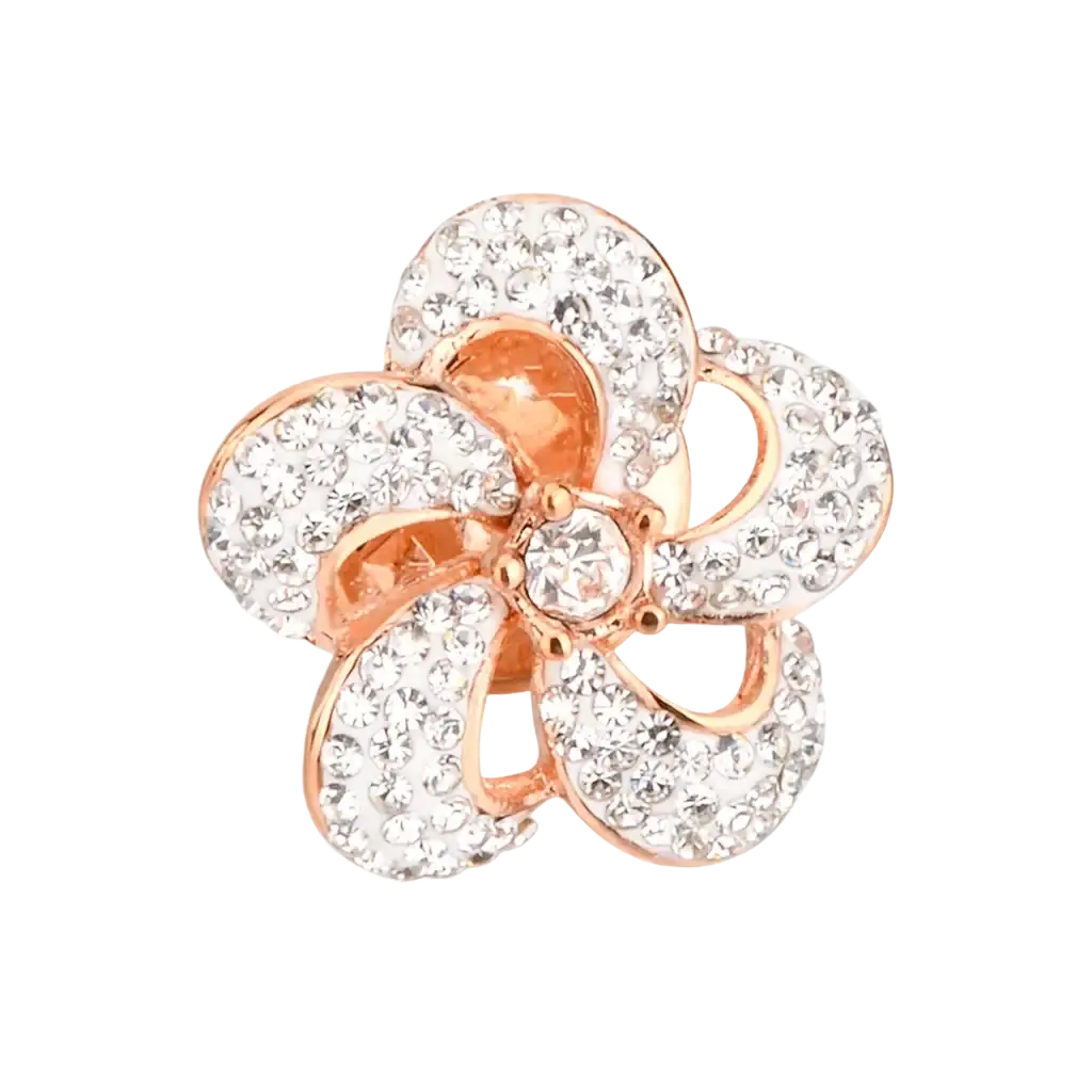 Rose gold crystal lapel pin suit brooch shaped like a flower and adorned with clear crystals