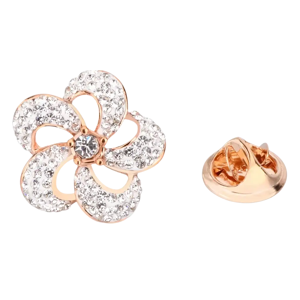 Rose gold crystal lapel pin suit brooch flower shaped adorned with clear crystals for formal wear