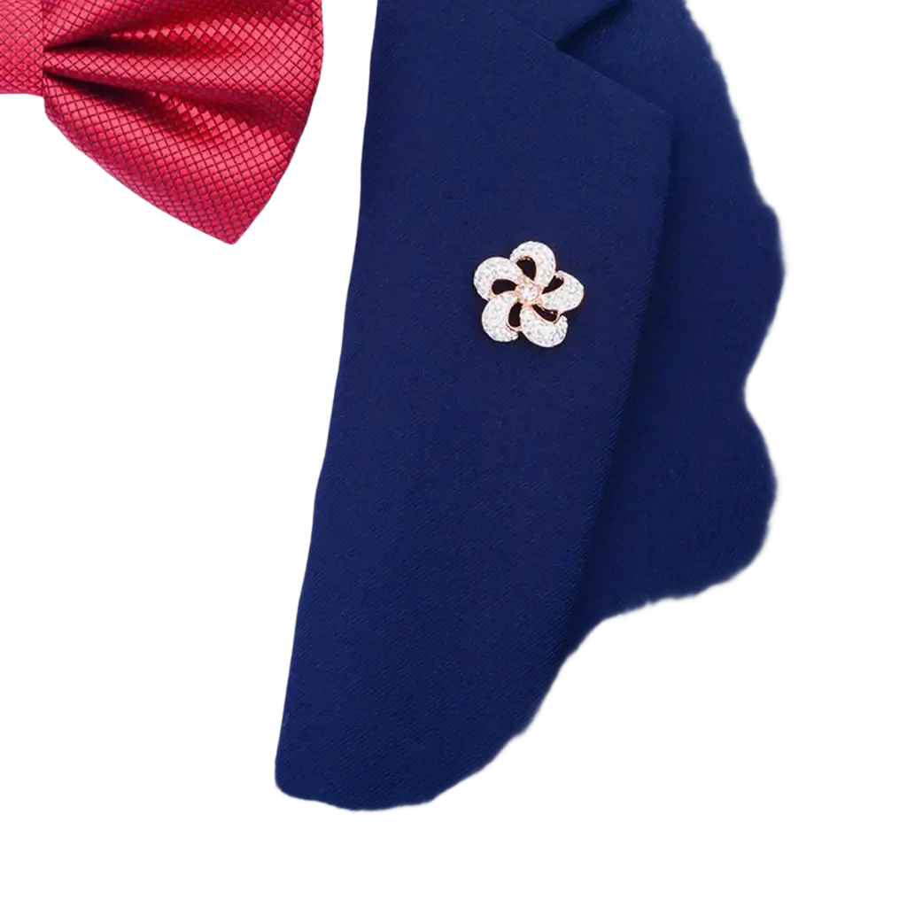 A sparkling rose gold crystal lapel pin flower brooch pinned to a navy blue suit lapel