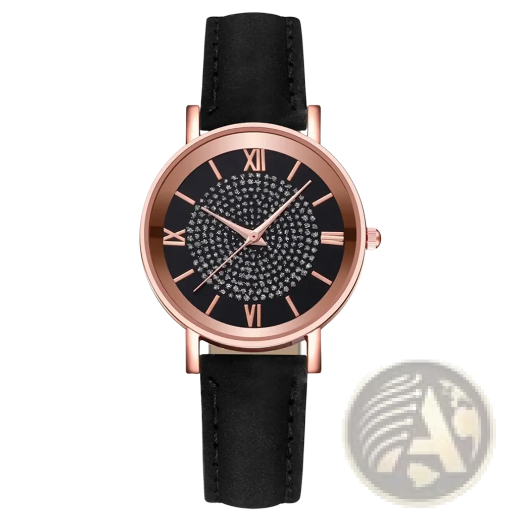 Rose gold crystal quartz women watch with black dial featuring sparkling crystals roman numerals and black leather strap