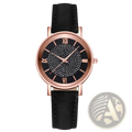 Rose gold crystal quartz women watch with black dial featuring sparkling crystals roman numerals and black leather strap