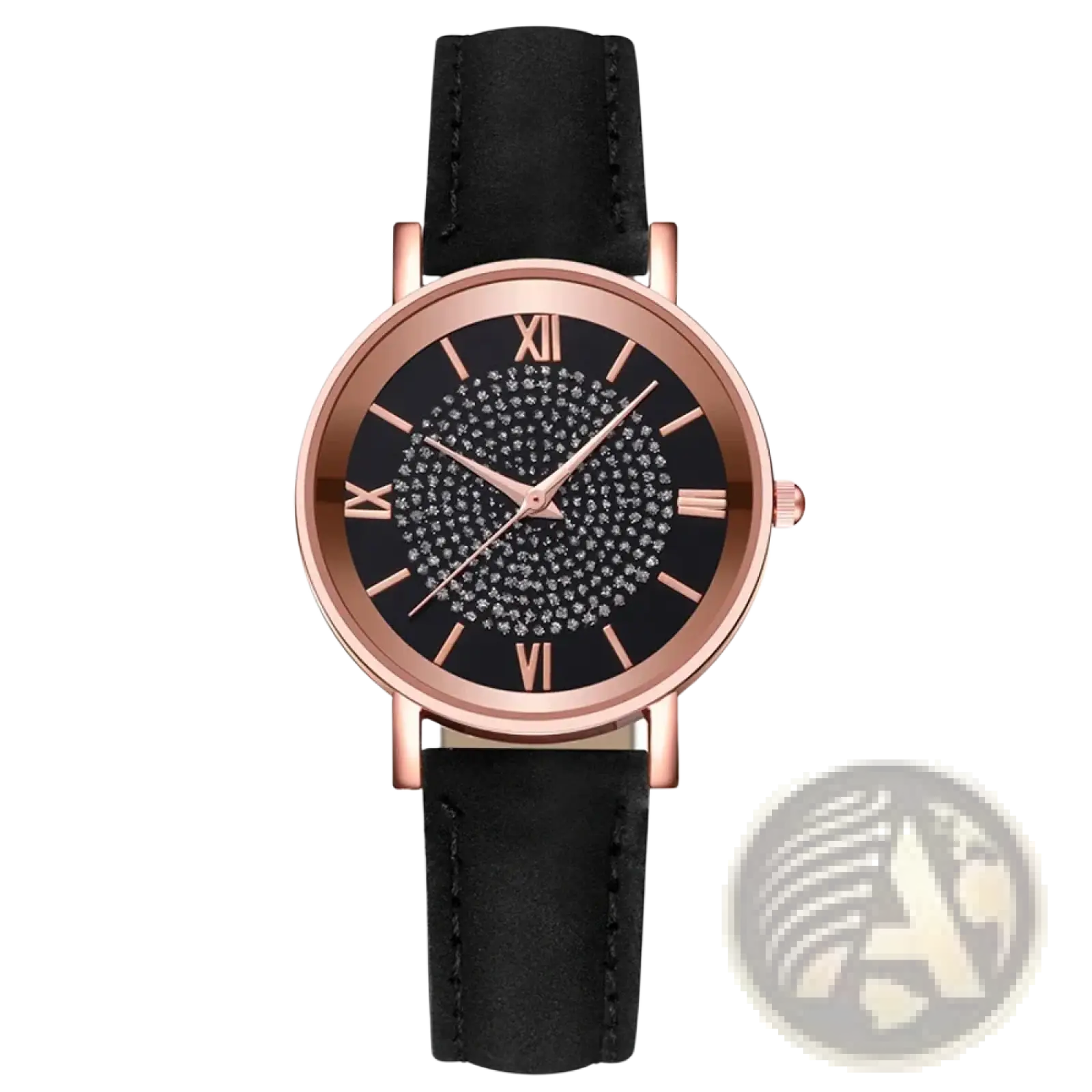 Rose gold crystal quartz women watch with black dial featuring sparkling crystals roman numerals and black leather strap