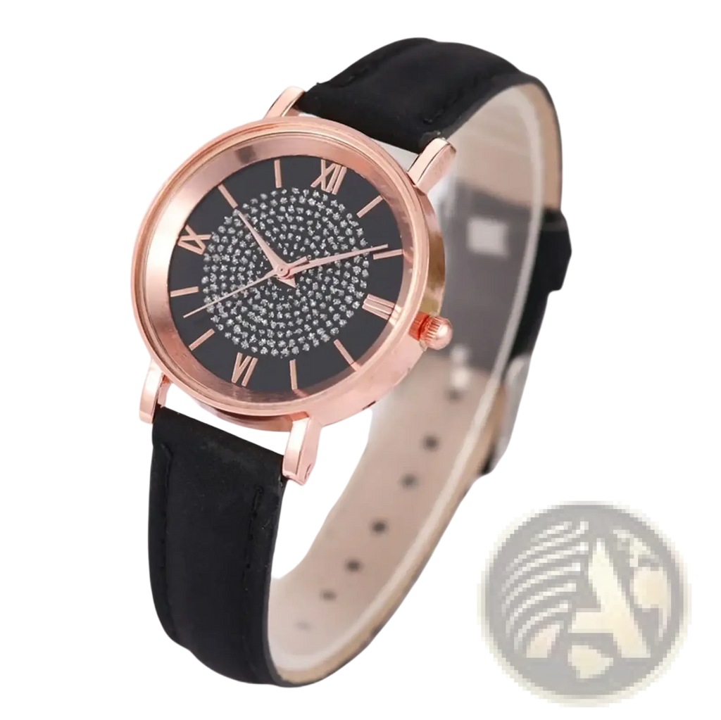 Rose gold crystal quartz women watch with black dial rhinestones roman numerals and black leather strap