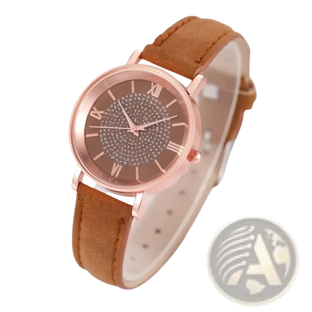 Rose gold crystal quartz women watch with sparkling rhinestones and brown leather strap for elegant wear