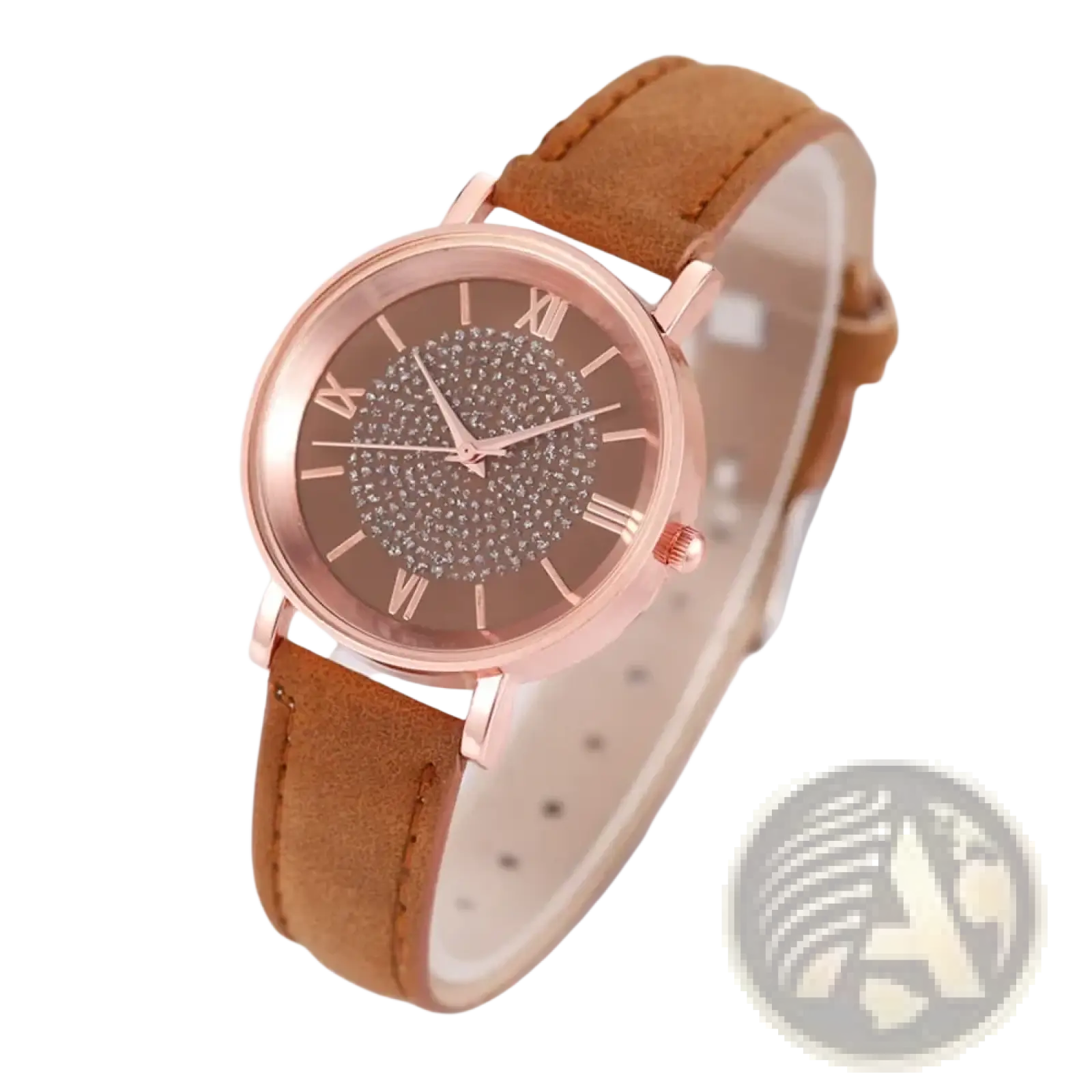 Rose gold crystal quartz women watch with sparkling rhinestones and brown leather strap for elegant wear