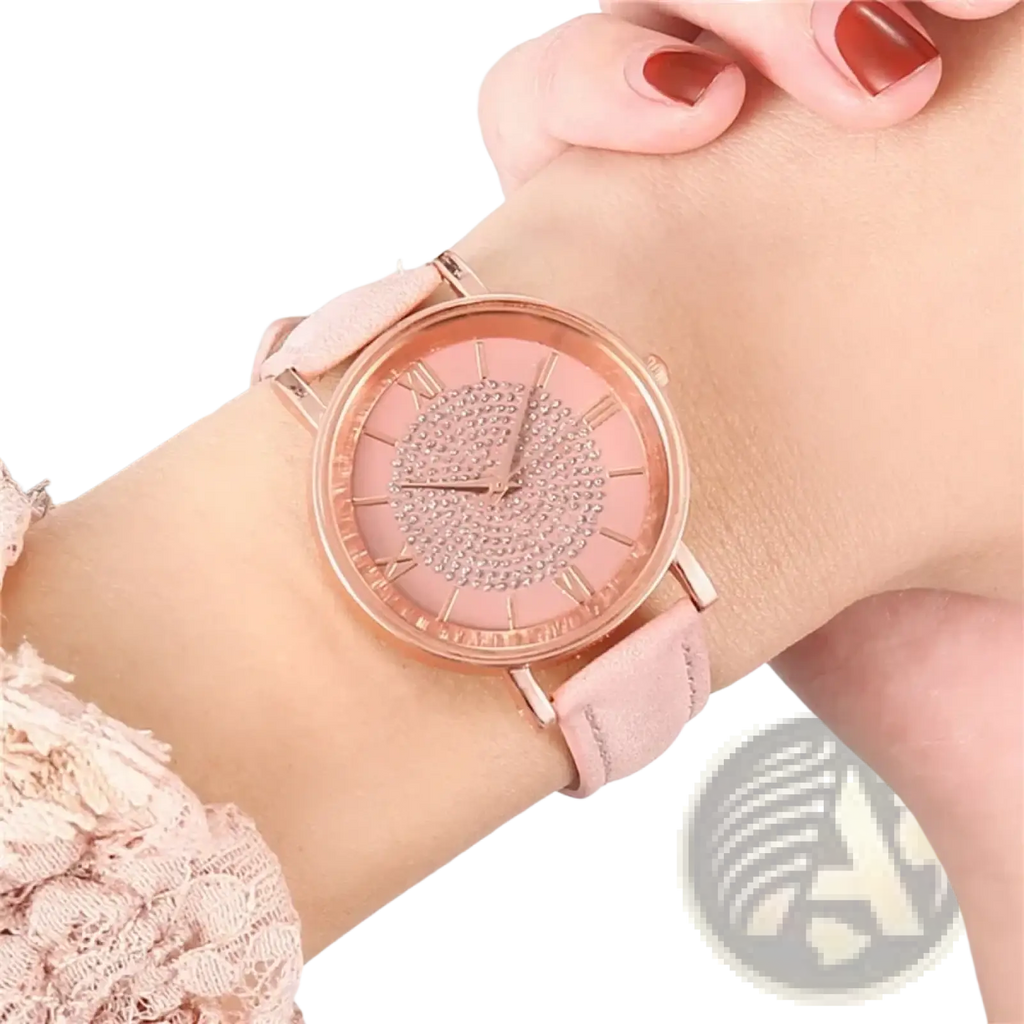 Rose gold crystal quartz women watch with a blush pink leather strap and a sparkling crystal-embellished dial