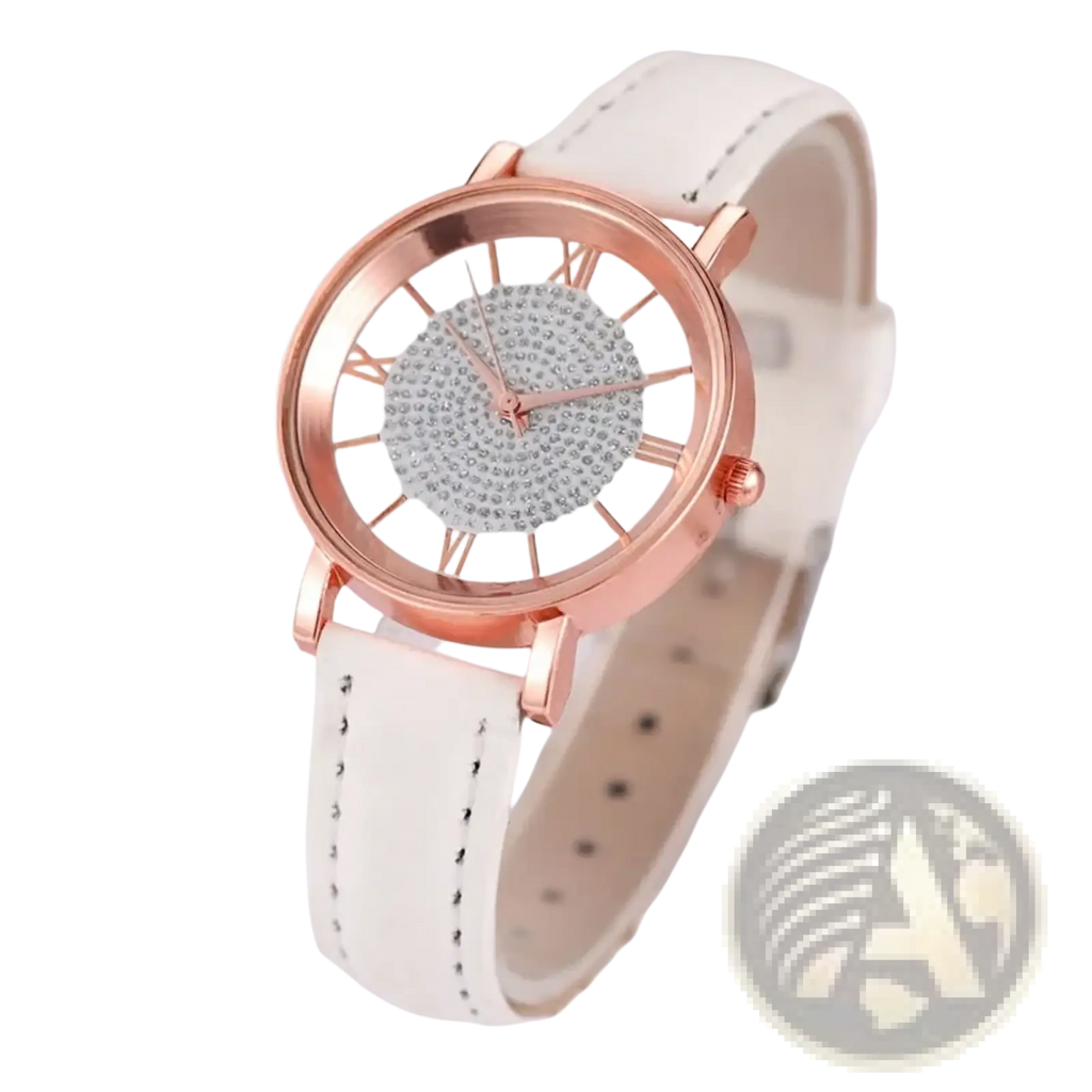 A delicate rose gold crystal quartz women watch with a white leather strap and a sparkling dial