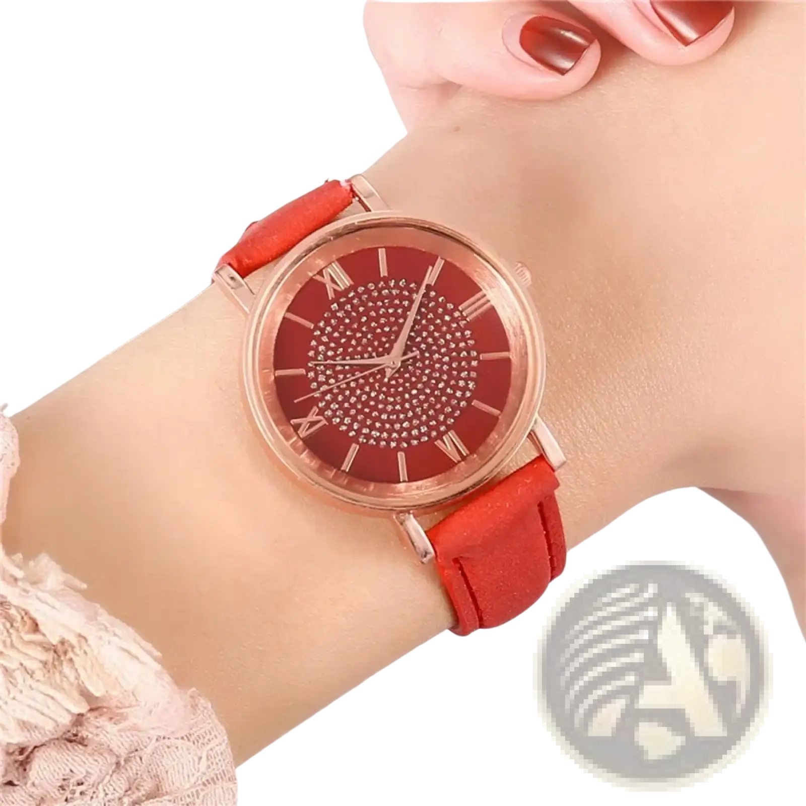 Rose gold crystal quartz women watch with red leather strap and rhinestone-adorned face for elegant style