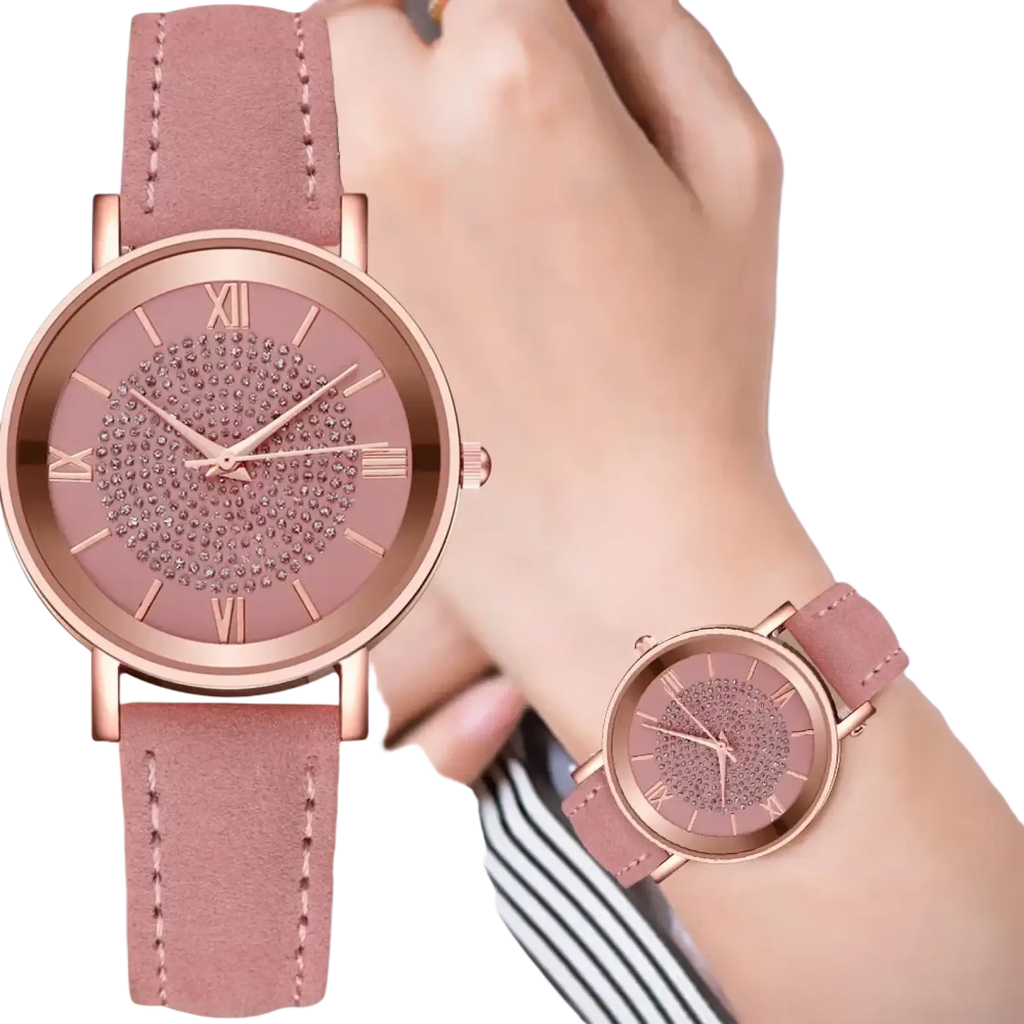 Rose gold crystal quartz women watch with a pink leather strap and a rhinestone-adorned dial with roman numerals