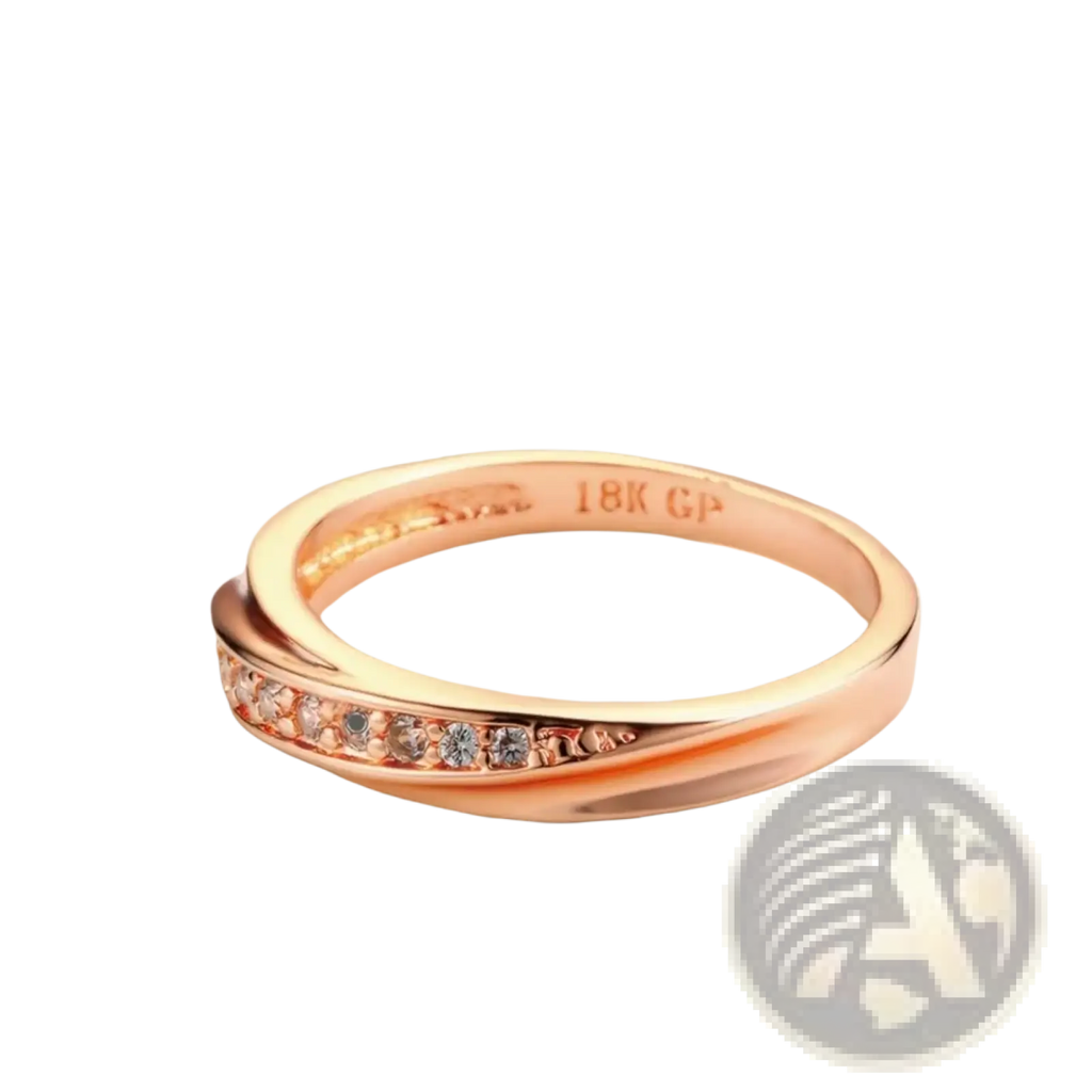 Rose gold cubic zirconia dainty wedding ring with twisted 18k gp band and clear stones along the edge