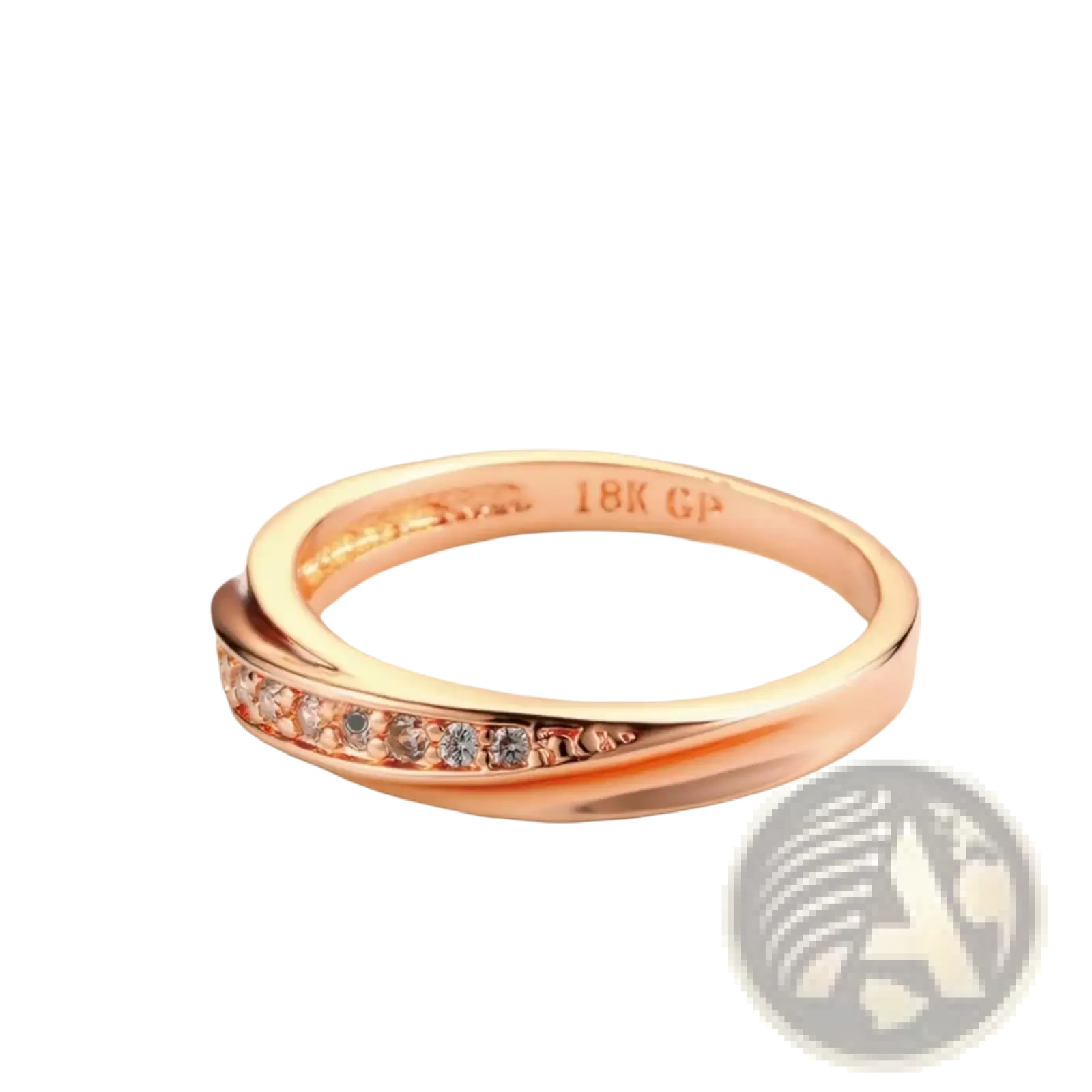 Rose gold cubic zirconia dainty wedding ring with twisted 18k gp band and clear stones along the edge