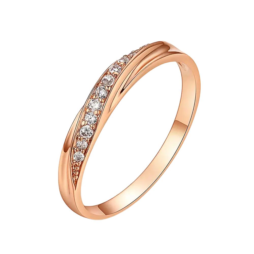 Rose gold cubic zirconia dainty wedding ring with a sleek intertwined band adorned with sparkling clear diamonds