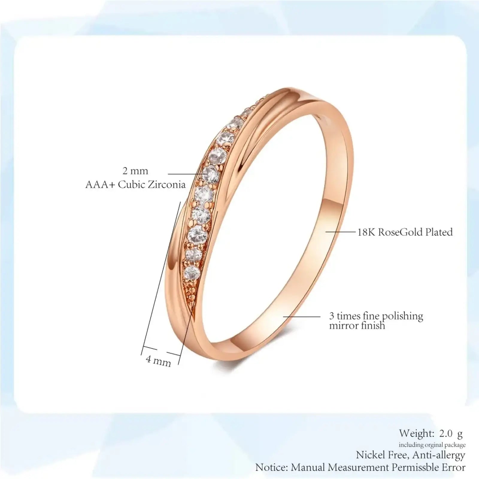 Rose gold cubic zirconia dainty wedding ring with double-band design and 2mm wide aaa+ stones