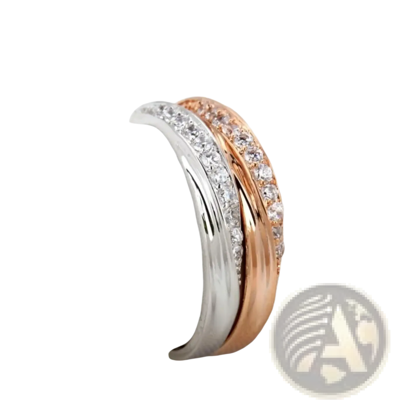 A pair of rose gold cubic zirconia dainty wedding rings with silver and rose gold tones and pavé-set clear crystals