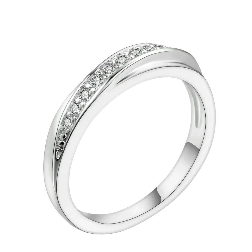 A sleek silver band ring with a continuous line of sparkling diamonds for a dainty wedding ring