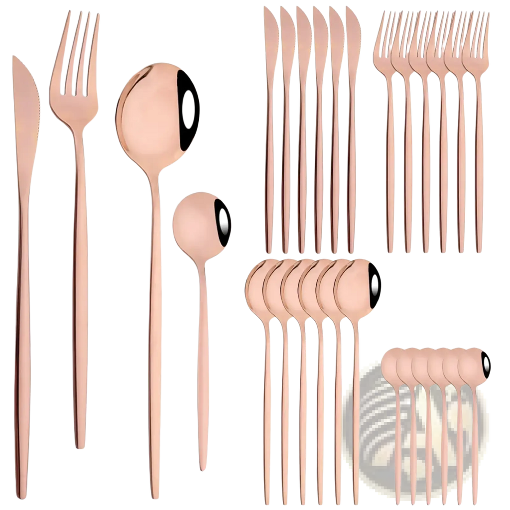 Rose gold stainless steel 24-piece flatware set with sleek minimalist design and blackened handles for modern dining