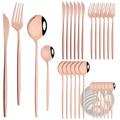 Rose gold stainless steel 24-piece flatware set with sleek minimalist design and blackened handles for modern dining