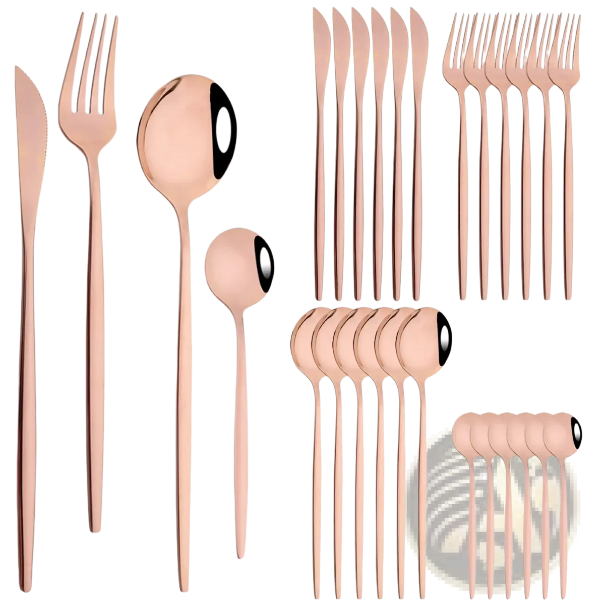 Rose gold stainless steel 24-piece flatware set with sleek minimalist design and blackened handles for modern dining