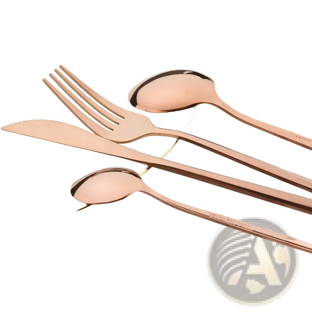 Rose gold cutlery set 24-piece stainless steel flatware with fork knife and two spoons in sleek modern design