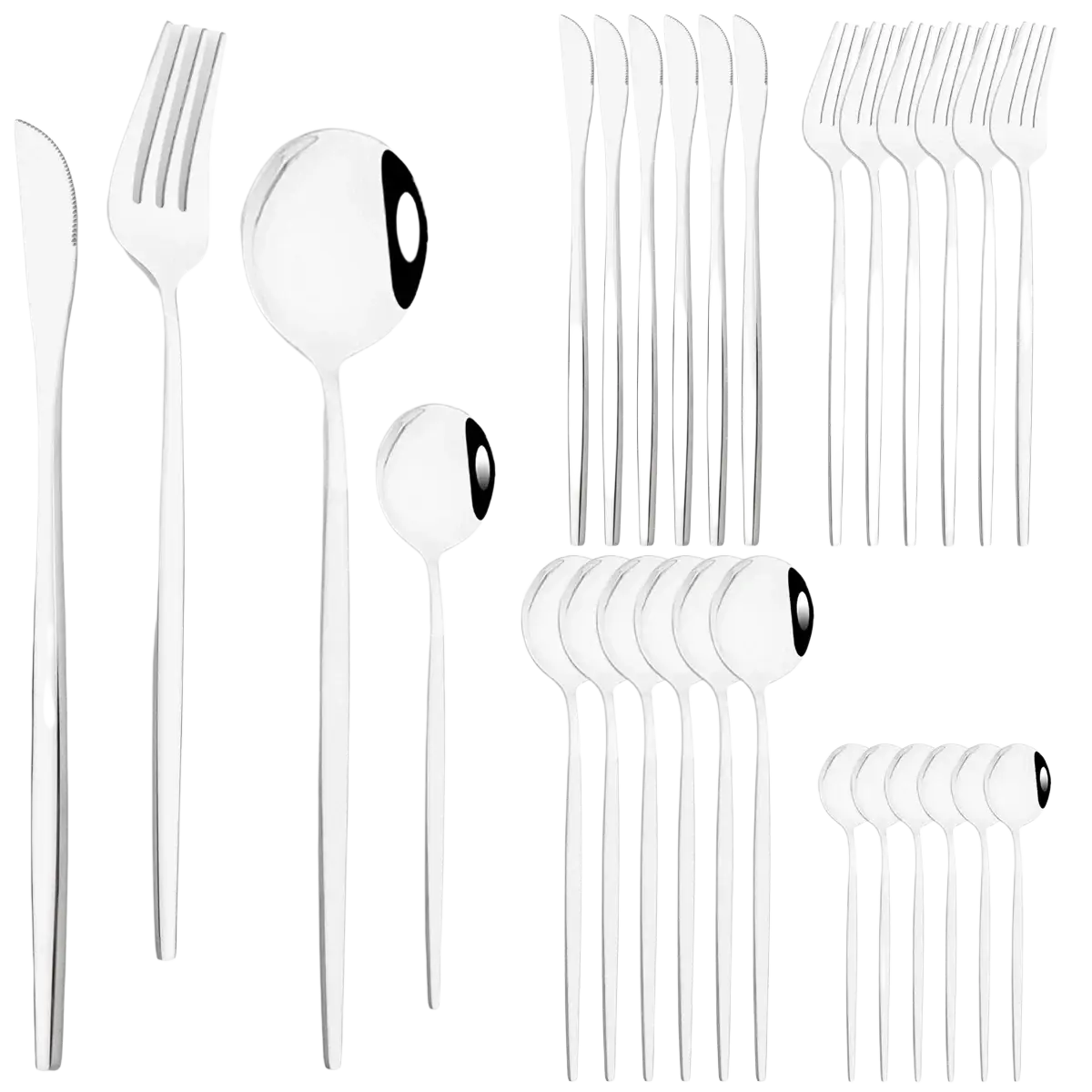 Rose gold cutlery set 24-piece stainless steel flatware with sleek modern design and reflective surfaces