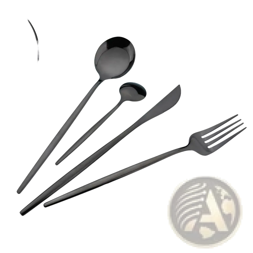 Rose gold cutlery set 24-piece stainless steel flatware with black matte finish spoon fork and knife in sleek modern design