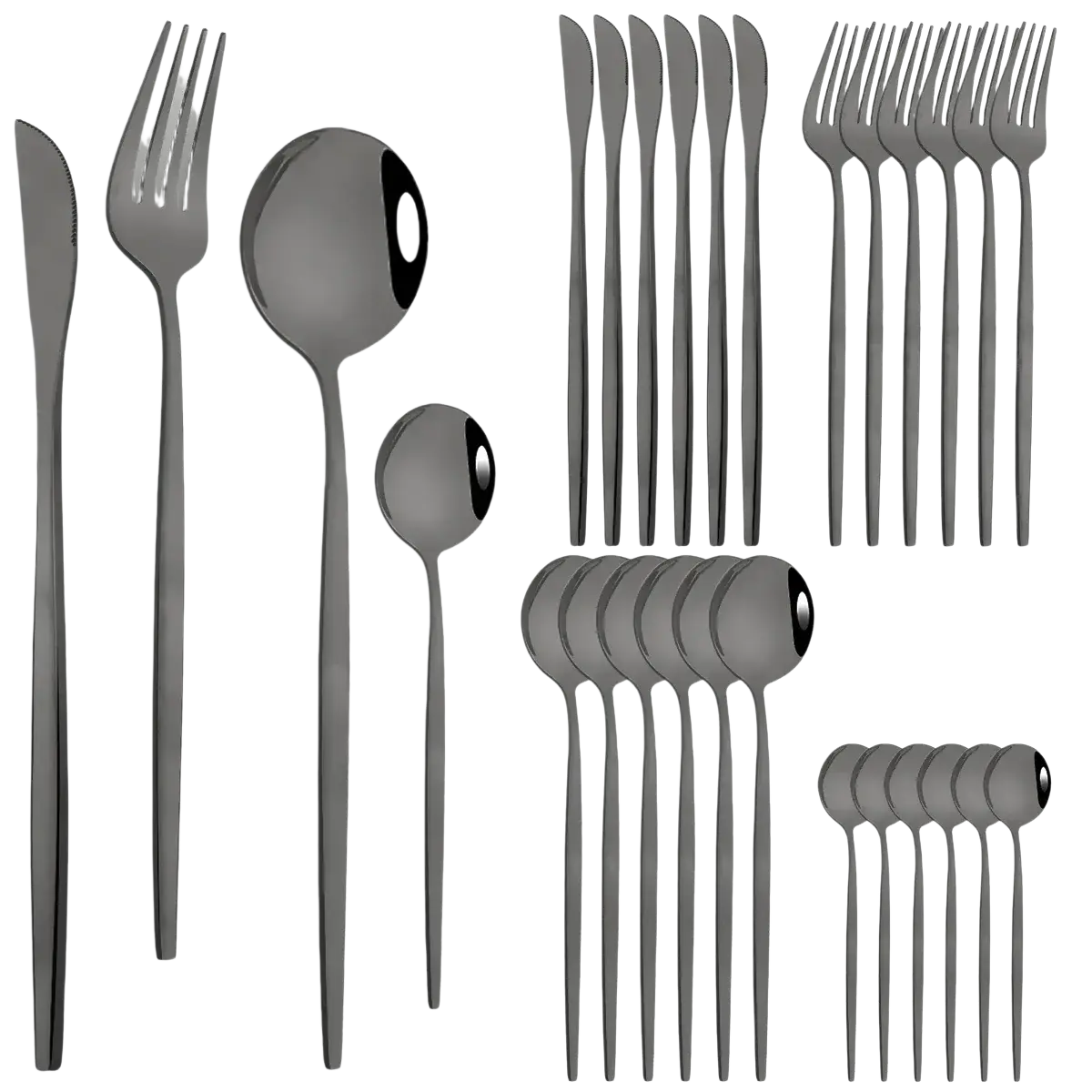Set of 24-piece rose gold stainless steel flatware with sleek matte black modern design for elegant dining