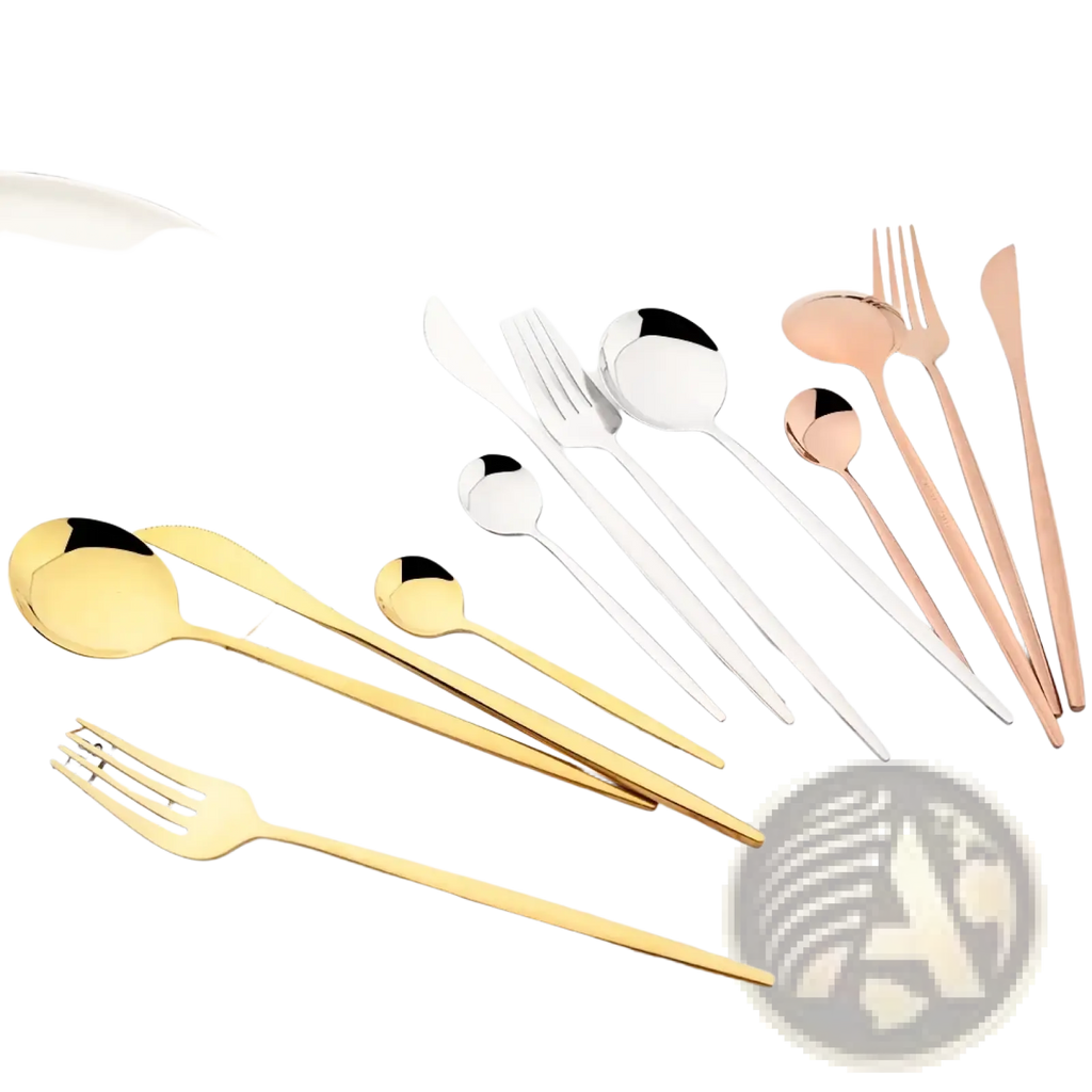Set of 24-piece stainless steel flatware with modern minimalist designs in gold rose gold and silver finishes