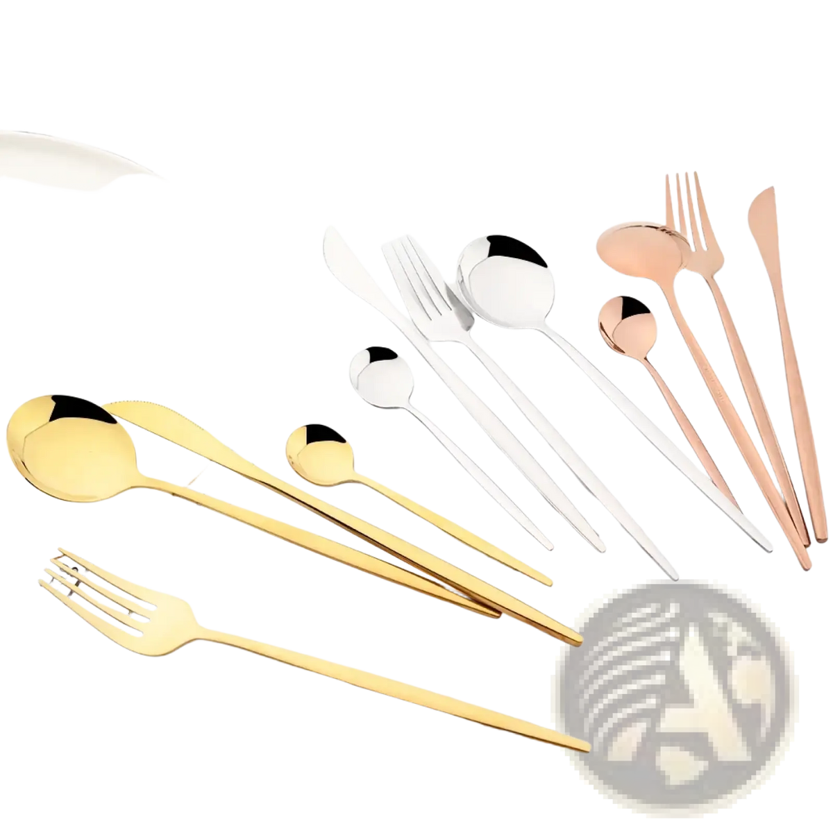 Set of 24-piece stainless steel flatware with modern minimalist designs in gold rose gold and silver finishes