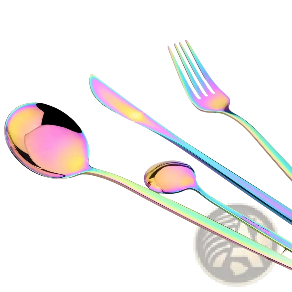 Rainbow iridescent stainless steel cutlery set with spoon fork and knife featuring sleek modern design rose gold flatware