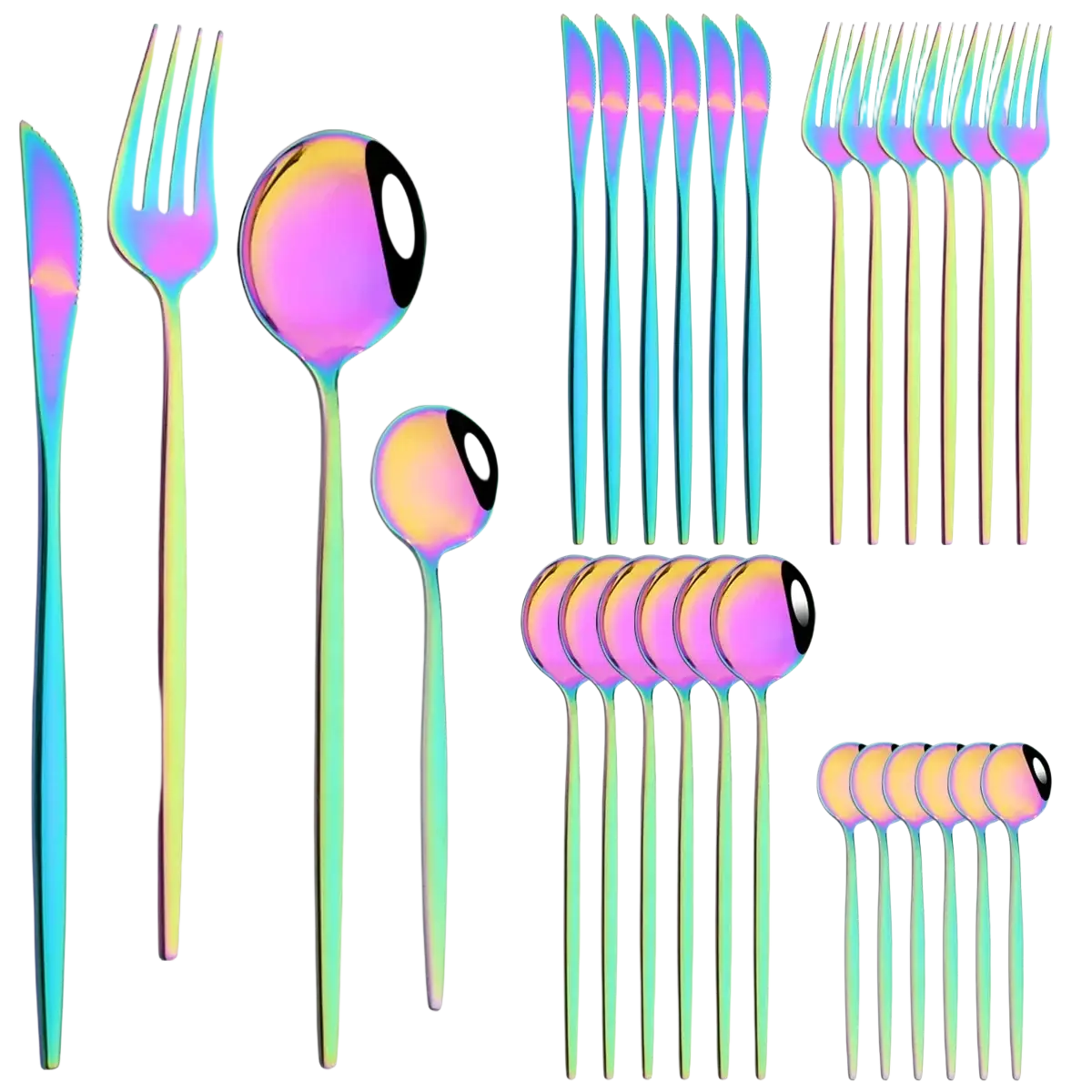 Rose gold cutlery set 24-piece stainless steel flatware with rainbow iridescent finish and sleek modern design