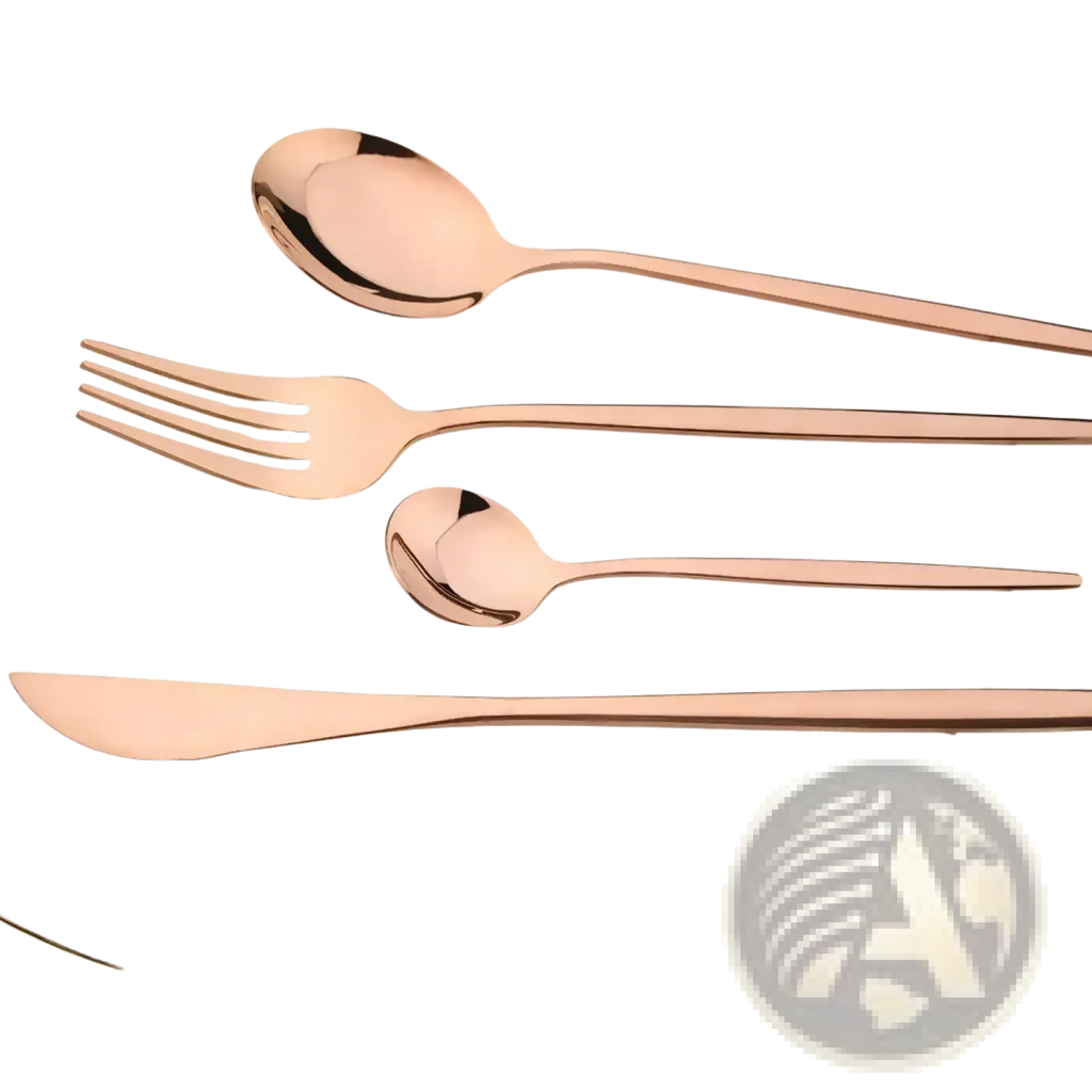 Rose gold cutlery set 24-piece stainless steel flatware with sleek modern design and polished long handles
