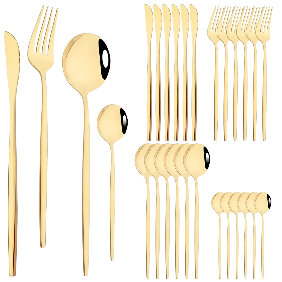 Rose gold stainless steel cutlery set with sleek modern design and black accent details on spoons 24-piece flatware