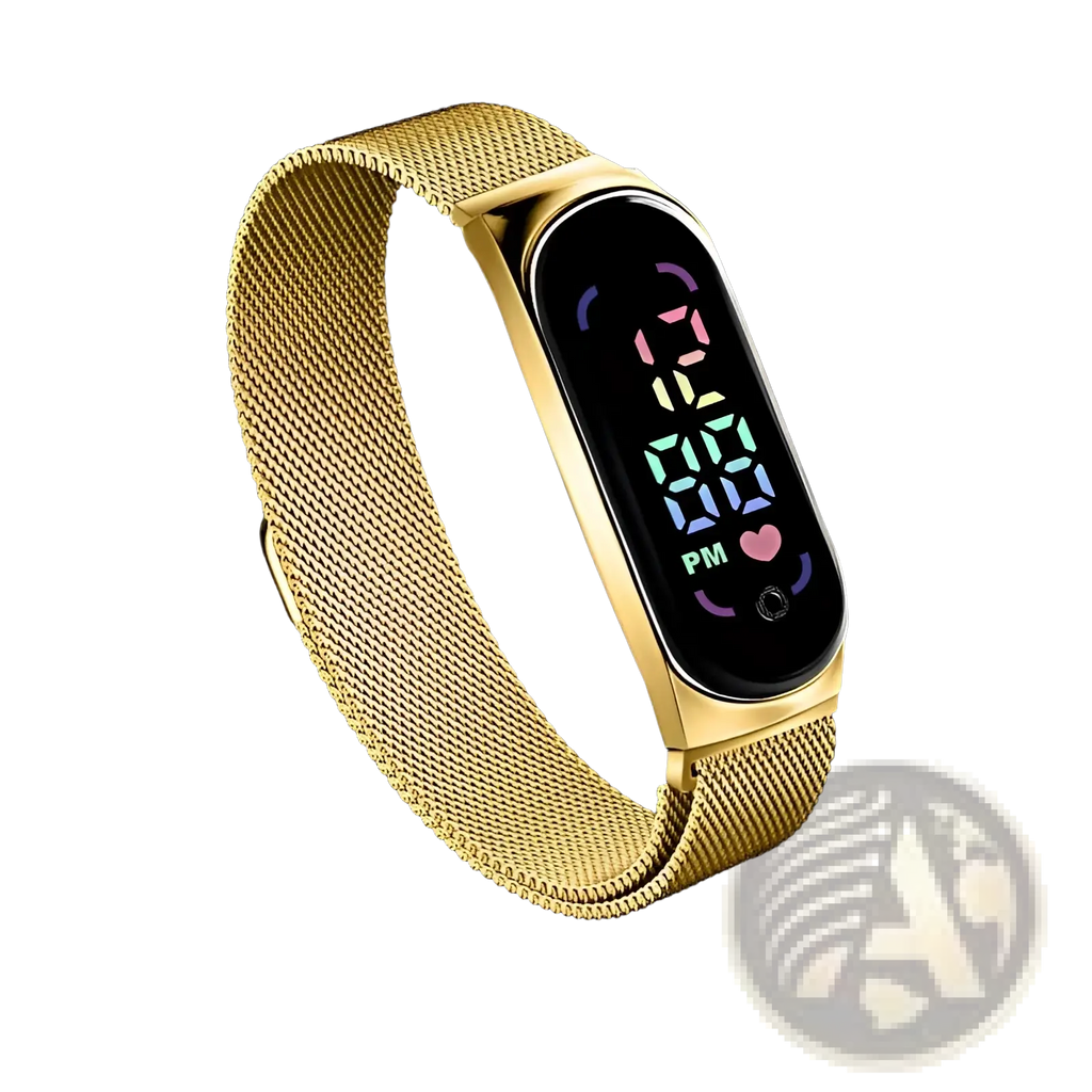 Rose gold digital watch with gold mesh band colorful led display showing time and heart icon waterproof touch model