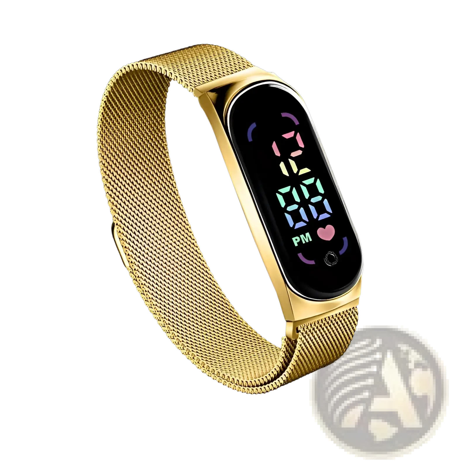 Rose gold digital watch with gold mesh band colorful led display showing time and heart icon waterproof touch model