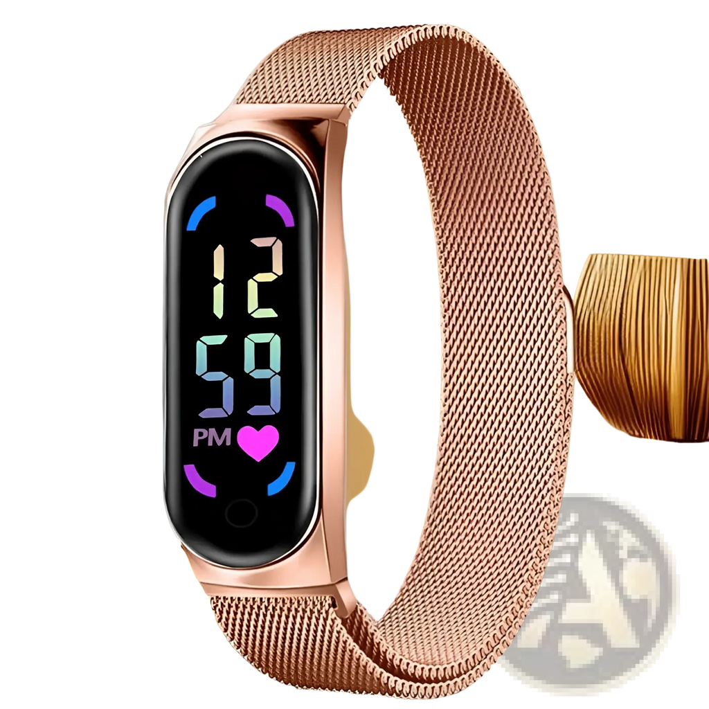 Rose gold digital watch led touch waterproof with mesh band and rectangular screen showing time and heart rate indicators