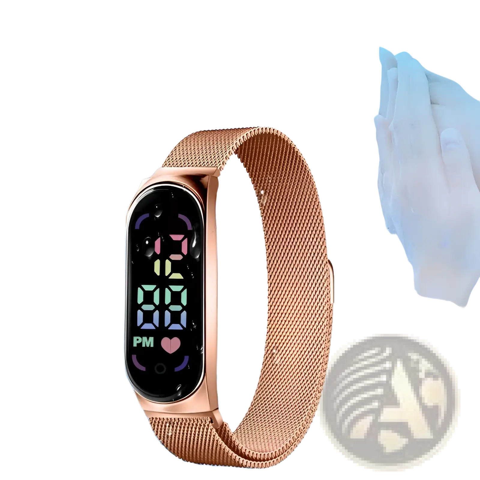Rose gold digital watch with led touch display and mesh band featuring 30m waterproof rating