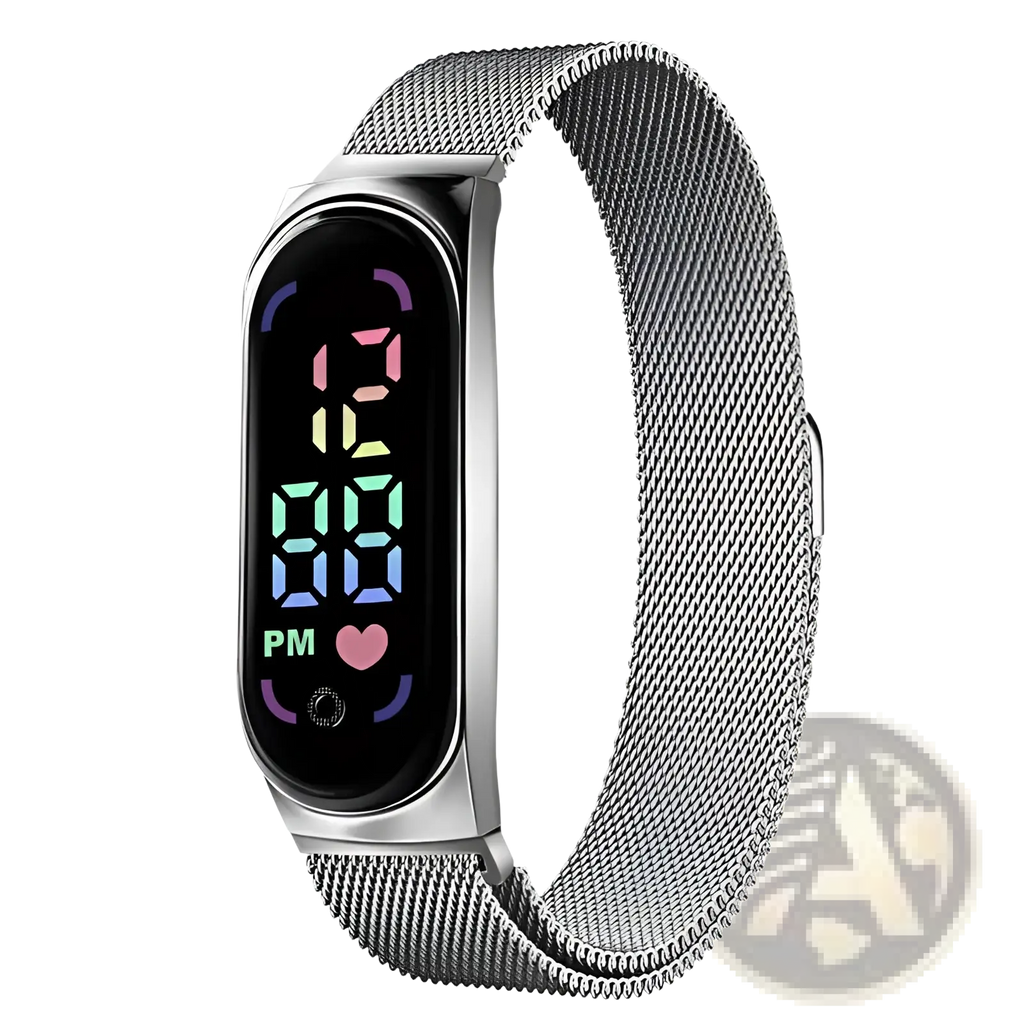 Rose gold digital watch with silver mesh band and colorful led touch display showing 12 08 pm waterproof design