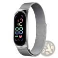 Rose gold digital watch with silver mesh band and colorful led touch display showing 12 08 pm waterproof design