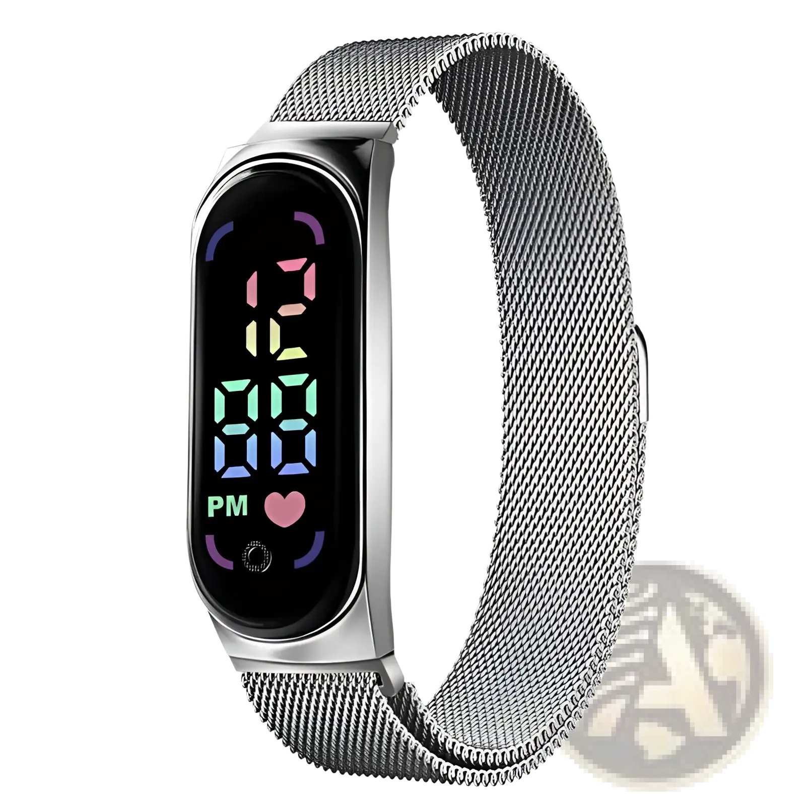 Rose gold digital watch with silver mesh band and colorful led touch display showing 12 08 pm waterproof design
