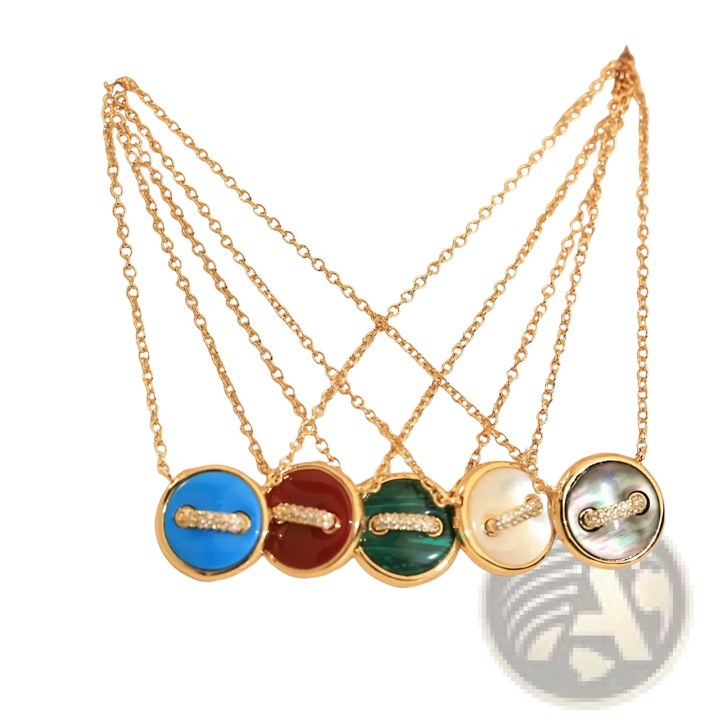 Rose gold double sided button necklaces in sterling silver with colorful enamel jeweled center bars and gold chains