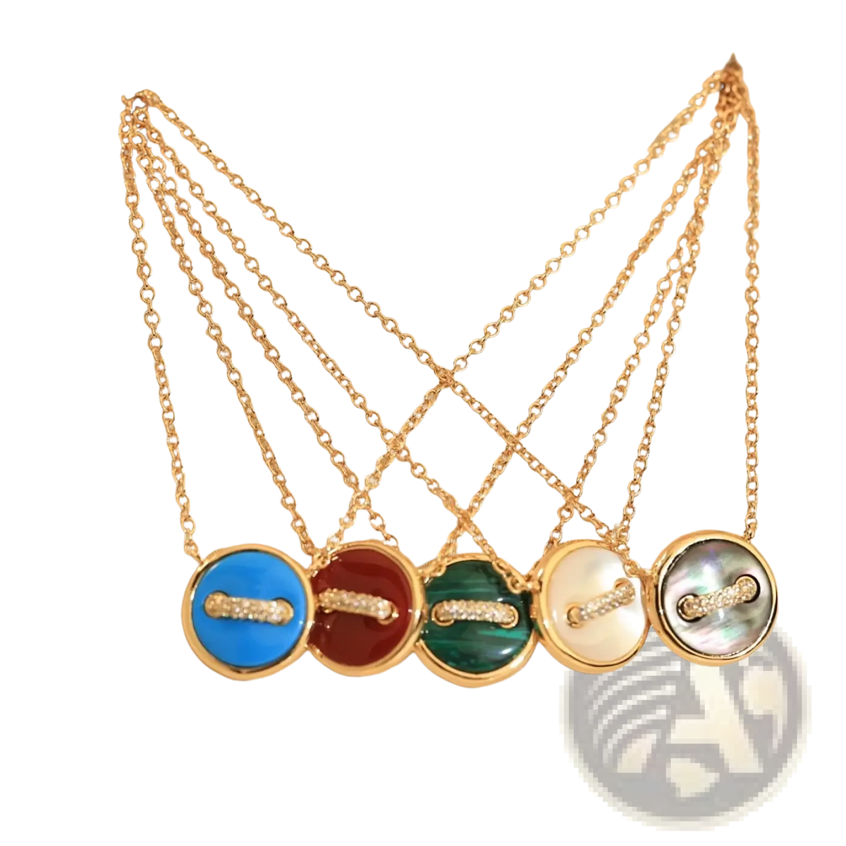 Rose gold double sided button necklaces in sterling silver with colorful enamel jeweled center bars and gold chains