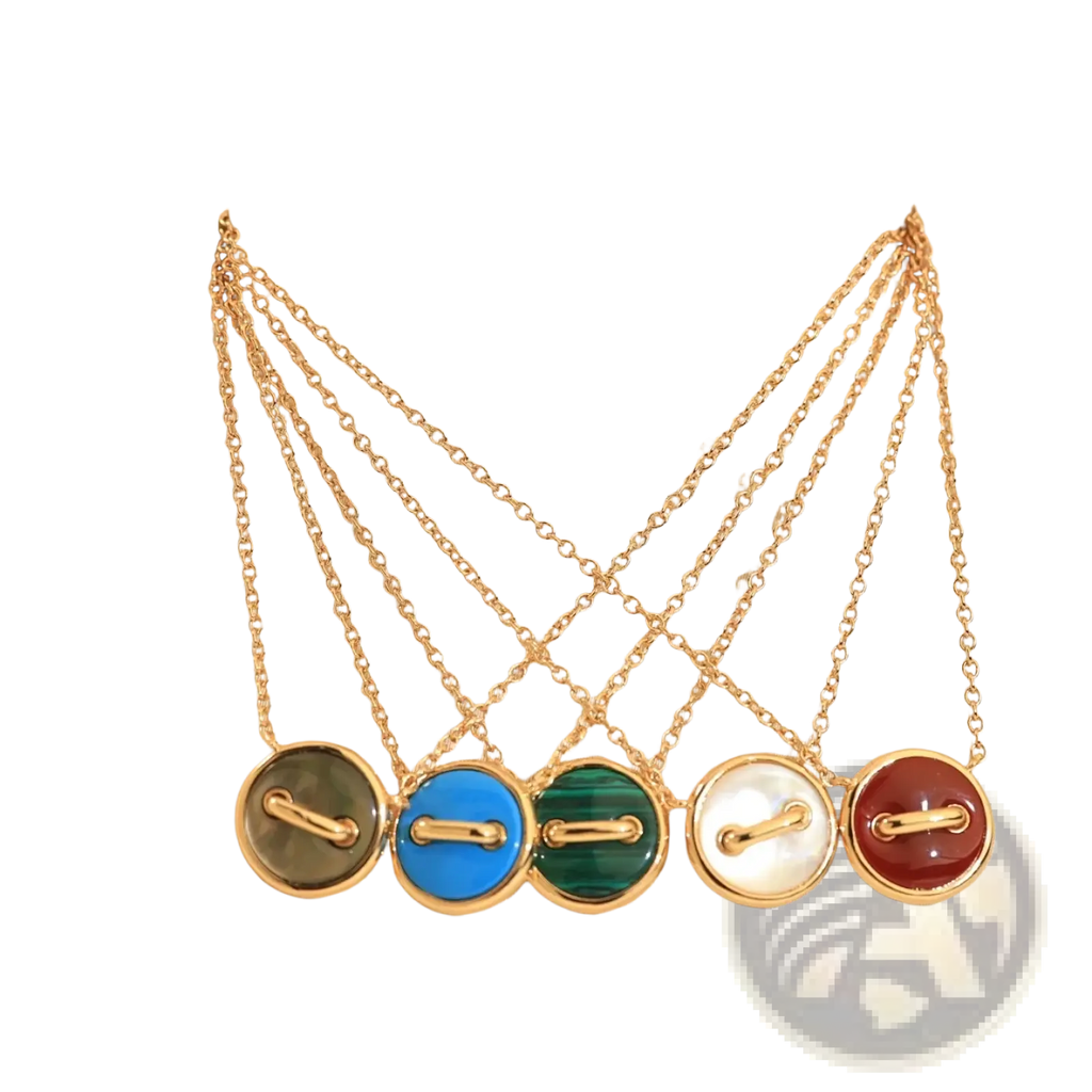 Five gold-toned rose gold double sided button necklaces with colorful gemstone pendants and sterling silver clasps