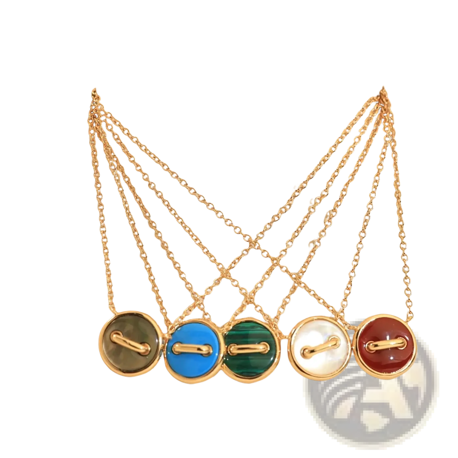 Five gold-toned rose gold double sided button necklaces with colorful gemstone pendants and sterling silver clasps