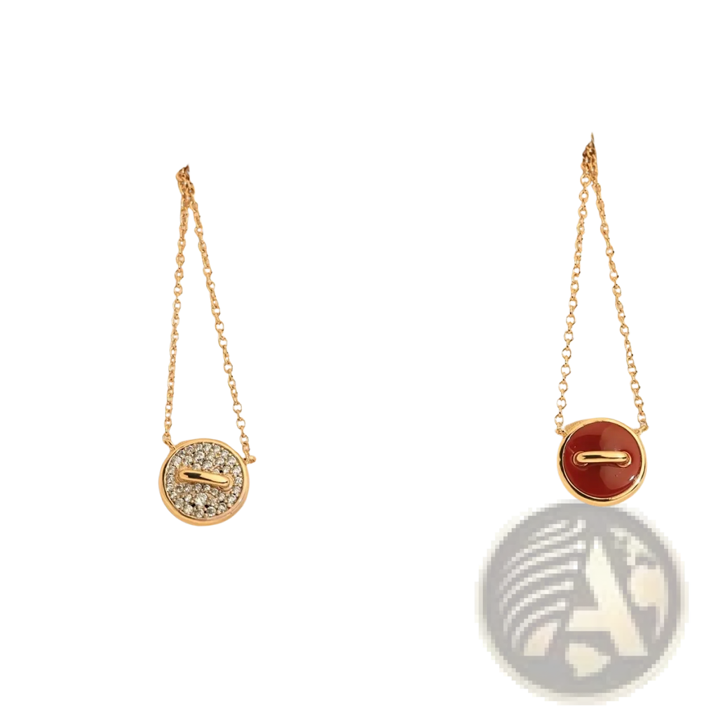 Rose gold double sided button necklace in sterling silver with clear crystals on one side and smooth red cabochon other side